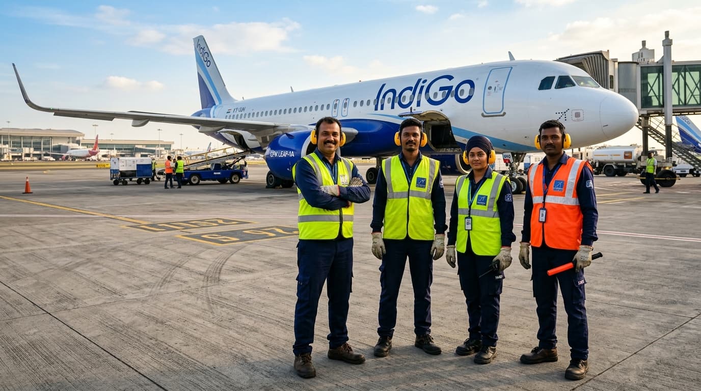 Aviation ramp crew and tarmac operations team standing by aircraft