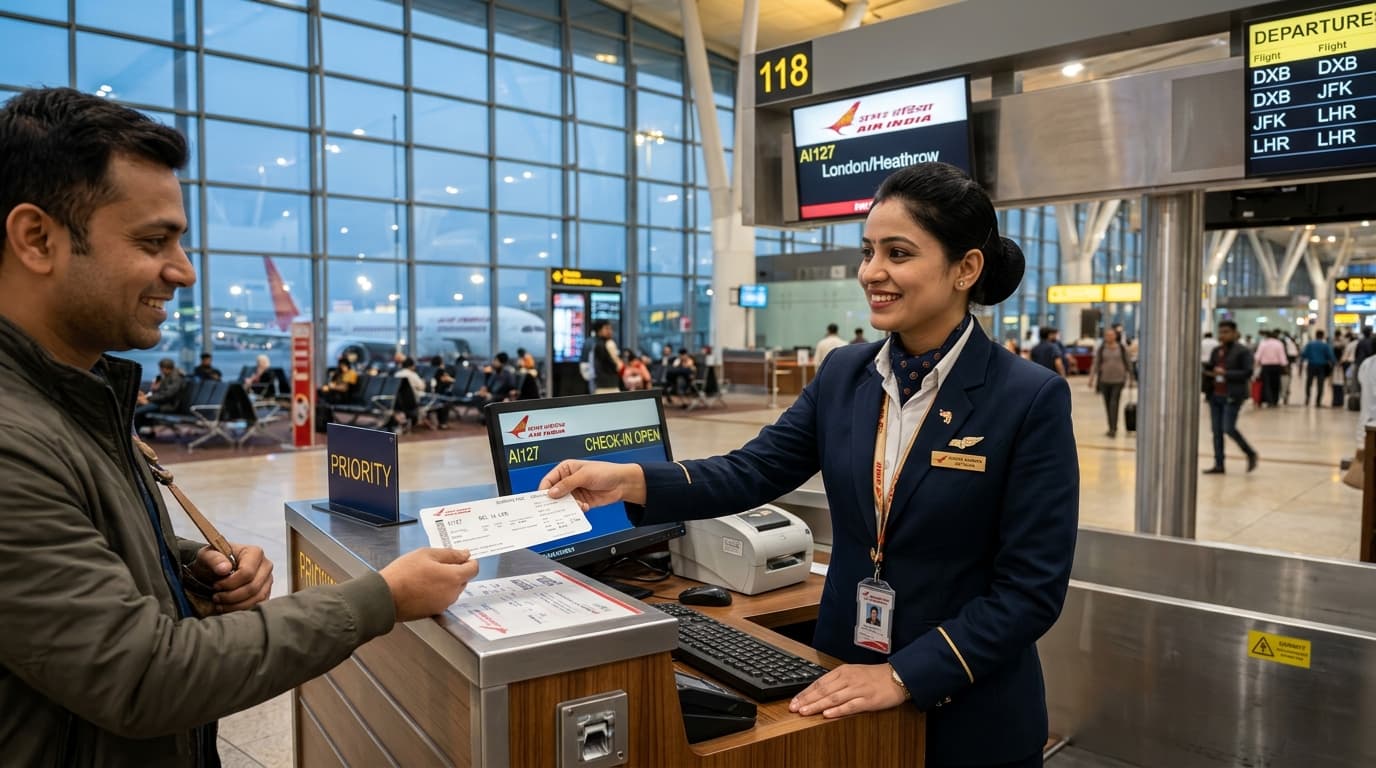 Friendly airport customer executive at airline check-in counter